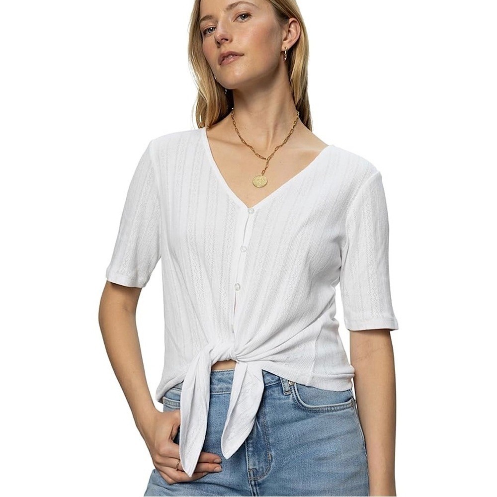Sanctuary Tie Front Cotton Pointelle Top WHITE XL